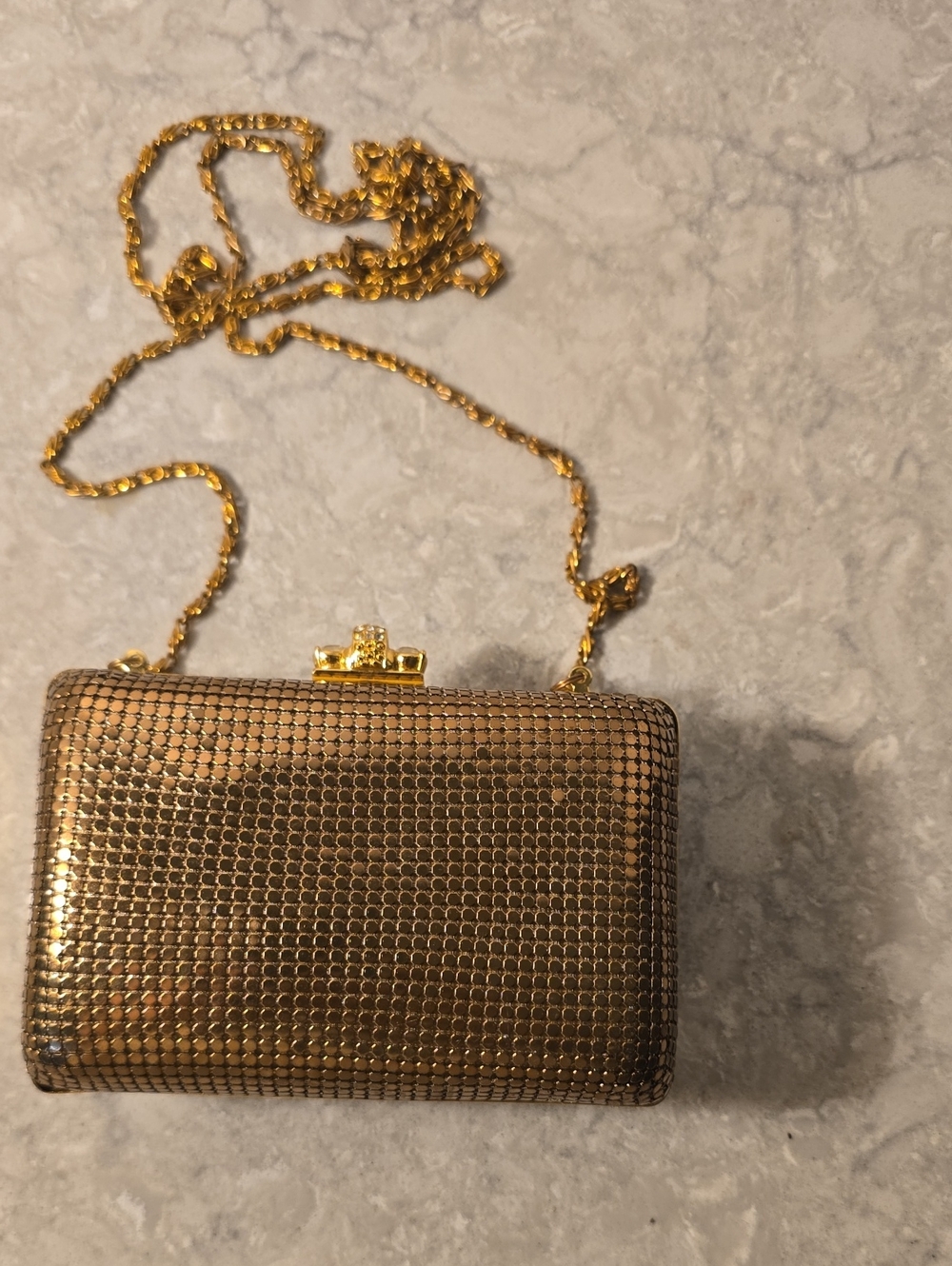 KATE LANDRY Gold Mesh Clutch Purse Crystal Rhinestone Clasp Shoulder Chain